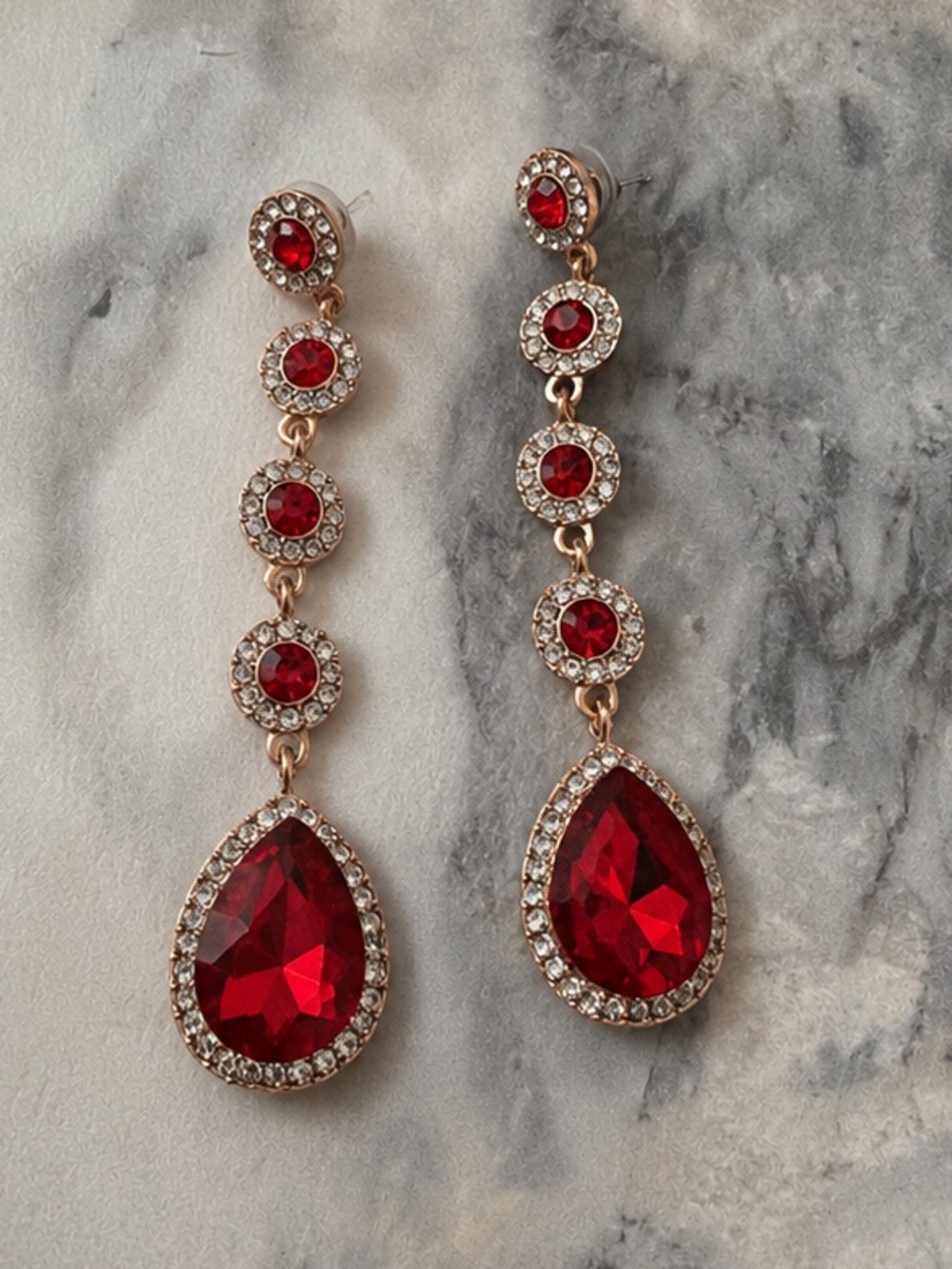 Red Teardrop Crystal Drop Earrings - Unbranded